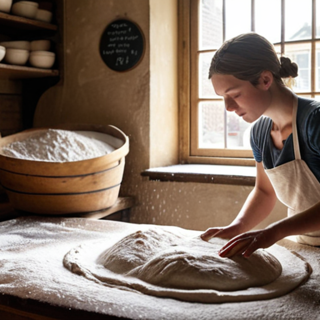 ** A busy baker's apprentice, covered in flour, kneading dough at a large wooden table in a traditional Dutch bakery. Sacks of flour are stacked nearby, and sunlight streams through the window. Focus on the apprentice's dedication and the rustic atmosphere.

**