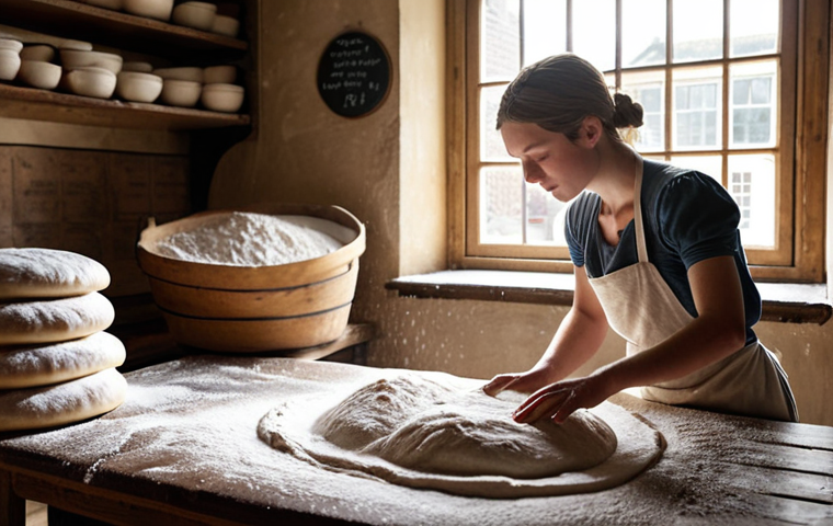 ** A busy baker's apprentice, covered in flour, kneading dough at a large wooden table in a traditional Dutch bakery. Sacks of flour are stacked nearby, and sunlight streams through the window. Focus on the apprentice's dedication and the rustic atmosphere.
**