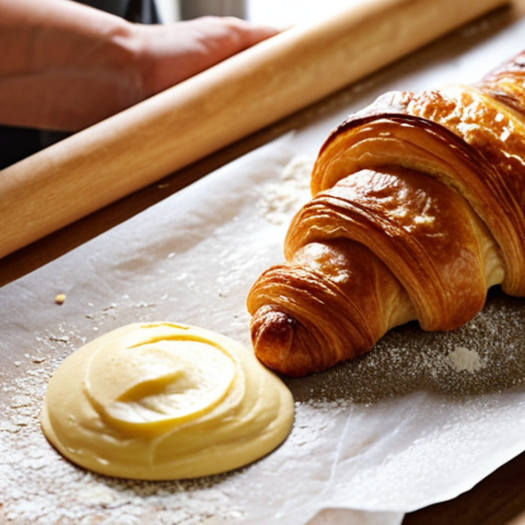 **
> Perfect croissant baking process, detailed steps, golden brown, flaky layers, focus on lamination, T55 flour, high-fat butter.
**