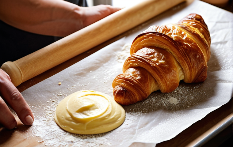 **

> Perfect croissant baking process, detailed steps, golden brown, flaky layers, focus on lamination, T55 flour, high-fat butter.

**