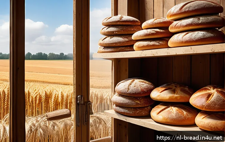 제빵사가 고려해야 할 재료 선택 기준 - A rustic Dutch bakery scene featuring a variety of artisanal breads made from local grains such as s...