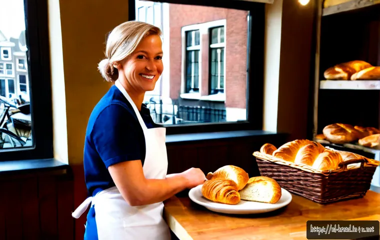 Home 17 제빵사로서 성공한 사례 인터뷰 - Photorealistic editorial-style interview scene in a warm independent Dutch bakery, a successful midd...